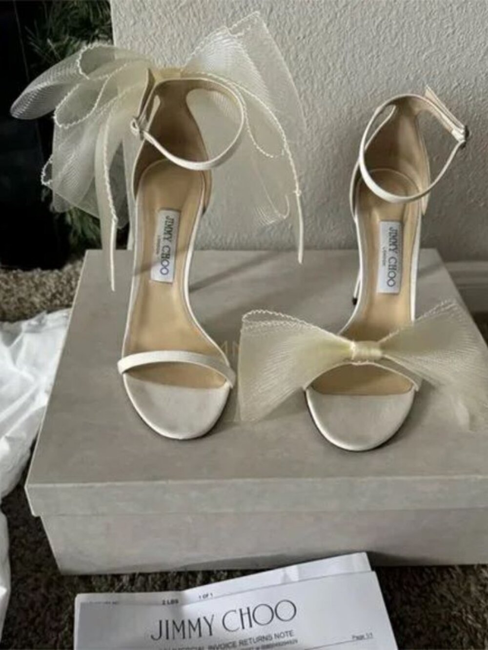 Jimmy Choo Aveline 100 Latte Sandals with Asymmetric Grosgrain Fascinator Bows - Picture 3 of 4
